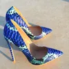 mode femmes chaussures bleu python serpent imprimé cuir bleu bout pointu stiletto strip-teaseuse talons hauts bal soirée pompes grande taille 44 12cm