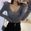 Szary Korea Południowa T Shirt Kobiety Wiosna Solid Sexy Slim Fit Skinny Tee Z Długim Rękawem T Topy Kobiet Dziewczyny T 210423
