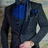 Navy Blue Floral Jacquard Män Passar Slim Fit med Shawl Lapel 3 Piece Custom Bröllop Tuxedo för Groomsmen 2020 Man Fashion X0909