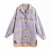 Moda Purple Plaid Woolen Jcket Kobiety Oversized Coat Gruby Długi Zima Dorywczo Top Koszula Outwear 210521