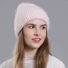 Cntang chapéu de inverno moda chapéus de pele de coelho real para mulheres eslásticos quentes gorros com lantejoulas alta flanging bonés 211229