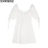 Vestido feminino elegante laço branco ruffles vestidos verão retro meia manga es slim vintage frente laço bonito 210520