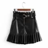 Chic PU Leather Mini Skirt with Belt Women High Waist Pleated Skirts Fashion All-match Skirts Korean Sweet Faux Leather Skirt 210619