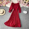 Autumn Vintage V-Neck Pleated Dress For Women Casual Long Sleeve Single Breasted Draped Dresses Female Big Swing Vestidos 2020 Y0603