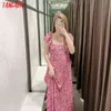 Mode Frauen Rote Blumen Drucken Sommer Rüschen Hülse Backless Weibliche Beiläufige Lange Kleid 4N57 210416