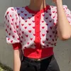 여름 뉴 디자인 여성의 한국 패션 사랑 하트 인쇄 니트 퍼프 슬리브 얇은 스웨터 가디건 니트 티