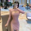 Slim Round Neck Hollow Out Long Sleeve Tight Split Hip Mini Pink Dress Big Bust Sexy Women Dresses Korean Girl Female QG8F 210603