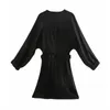 Za Vintage Stretch Belt Wrap Mini Dress Donna manica lunga scollo a V Office Lady Abiti Donna Fashion Satin Vestido 210602
