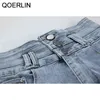 Qoerlin 2xl vintage denim şort yaz yüksek bel ince şort tek göğüslü düğme cep streç seksi mavi kot pantolon 210412