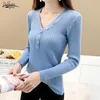 Herbst Langarm Button Slim Pullover Bottoming Solid Pullover Core-spun Candy Color V-Ausschnitt Strickpullover Femme 11037 210521