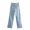90 mulheres moda corpo completo jeans fêmea feminino alta-cintura rasgado jeans bolsos botão zip mosca sem costura hems denim calças senhora 210520