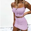 Lace Up Bodycon Sommarklänning Två Pieces Set Kvinnor Sexig Mini Sundress Suits Crop Top Purple Party Beach Boho Dresses 210415