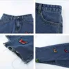 Borboleta Bordado Blue Mulher Jeans Outono Comprimento Completo Tassel Reta Alta Cintura Calças Denim Y2K Calças Streetwear 210415