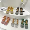 Crystal Green Women Fishnet Pumps Sandals Runway Square Toe Ankle Cross Tied High Heel Rhinestone Sandals Shoes