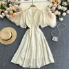 Women Fashion Slim Spring Summer V Collar Short Sleeve A-line Elegant Dress Vintage Korean Clothes Vestidos S306 210527