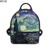 Aangepaste Dames Rugzak Mini Rugzak Dame Luxe Lederen Schouder Bagpack Tieners Bolsa Vincent van Gogh Starry Night Print X0529