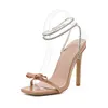 2021 женские бабочки-узлы сандалии дамы квадратный носок сексуальные тонкие высокие каблуки женские хрустальные лодыжки ремень ботинки женщины обувь