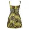 Summer Women'S Sleeveless Snake Print Green Pleated Tight Dress Sexy Hollow Lace Star Club Party 210525