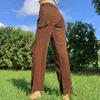 Waatfaak коричневый мешковатый широкий ноги брюки корейской корберой Y2K карманные высокие талии грузовые женщины повседневная Harajuku брюки эстетика 210708