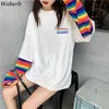 Woherb Rainbow Striped Fake Två Pieces T-shirt Kvinnor Casual Loose Harajuku BF Toppar Kvinnor Koreansk Fashion Streetwear 91296 210623