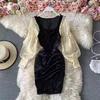 Autumn Winter Temperament Fashion Square Collar Bag Hip Dress Female Puff Sleeve Lace Stitching Retro Velvet UK907 210506