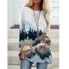 Kadın T-shirt Dağ Treetop Baskı Uzun Kollu Kadın Moda Tişörtü Casual Yuvarlak Boyun Gevşek Pamuk Kazak Tops