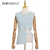 Asymmetrical Hollow Out Denim Tops For Women O Neck Sleeveless Lace Up Bowknot Casual Vests Female Fashion 210524