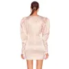 Robe satinée rose féminine gratuite V-collier bulle longue manche bodycon drapée mini célèbre club de fête vestido 210524