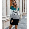 Abito da donna a maniche lunghe leopardato patchwork colore o collo dritto mini maglione pullover in maglia coreano inverno autunno SJ7090X abiti casual