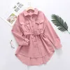 Spring Women Solid Corduroy Batwing Sleeve Vintage Shirt Jacket With Belt Turn-Down Collar Long Outwear Female Casual Tops