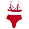 Women's Swimwear 2021 Fashion Women Solid Color 2Pcs Bikini Suit Deep V-neck Ruffled Tank Tops With High Waist Triangle Bottoms For Summer B
