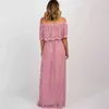 Jastie de l'épaule Maxi robe enceinte maille dentelle robes brodées été femmes vêtements bohème robe de plage robes 210419