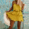 Summer Holiday Beach Women Lovely Mini Dresses Spaghetti Strap Stringy Selvedge Lace-up Yellow Fashion Travel Sexy Vestidos 210517