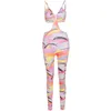 Sexy Fashion Women Digital Print Halter Bra Hollow Out Bodycon Jumpsuits Casual Party Club Streetwear Spring 1 Piece 210604