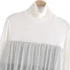 Женщины мода сращивание чистая пряжа ламинированное платье женский высокий воротник с длинными рукавами платья 210531