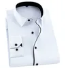 Twill White Mens Dress Shirts Långärmad Slim Fit Business Men Formell Tröja Casual Solid Utan Front Pocket Man Kläder 210708