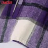 Jesień Zima Kobiety Purpurowa Plaid Print Chic Kurtka Kieszonkowa Kieszonkowa Z Długim Rękawem Outwear Kobiet Casual Coat Tops Be798 210416