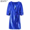 Femmes Vintage croix col en V couleur unie métal Style Mini robe Femme manches bouffantes nœud noué décontracté Kimono Vestido DS4916 210420