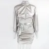 Gratis Sexig Satin Bodycon Mini Dress Women High Neck Lantern Sleeve Hollow Halter Lace-Up Club Party Vestidos 210524