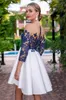 New Royal 2021 Blue Tail Dresses Sheer Neck Appliques Lace Long Sleeve Ruffles Mini Short Homecoming Graduation Formal Dress Custom