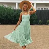 Sexy beach long dress women summer ruched maxi es green boho pleated casual backless vestidos 210427
