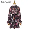 Elegante print Floral Jurk voor Vrouwen Stand Kraag Lantaarn Mouw Hoge Taille Lace Up Bowknot Chiffon Jurken Vrouw 210520