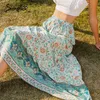 Green bohemian print woman skirts casual holiday long skirt spring summer elegant ladies printed bottoms 210414