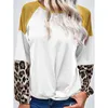 T-shirt da donna T-shirt da donna in cotone con stampa leopardata T-shirt a maniche lunghe con patchwork Top casual 2022 Abbigliamento autunnale