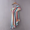 Sommar Kvinnor Färg Stripes Asymmetrisk Sexig Sling Klänning Casual One-Shoulder Ruffles Dresses Lady Clothing Vestidos D1603 210430