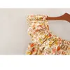 原宿ヴィンテージプリーツの花柄ノースリーブ弾性ウエスト女性のシャツ夏の蓮の葉甘い女性トップ210507