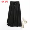 Women High Quality Black Cotton Midi Skirt Vintage Strethy Waist Ladies Elegant Chic Mid Calf Skirts 4C57 210416