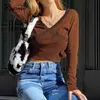 Rapcopter Bruin Y2K Knitwear Lange Mouwen Pullovers Kant Patched Crop Top V-hals Koreaanse stijl Tshirt Dames Casual Top Herfst 90s Y0508