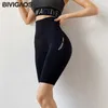 BIVIGAOS Lettre Taille Haute Shorts Séchage Rapide Hip Up Sexy Biker Shorts Fitness Court Haute Stretch Sport Shorts Femmes 210625