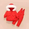 어린이 다운 코트 재킷 + Jumpsuit 키즈 유아 소녀 소년 옷 2pcs 겨울 복장 양복 따뜻한 아기 바지 의류 세트 211222